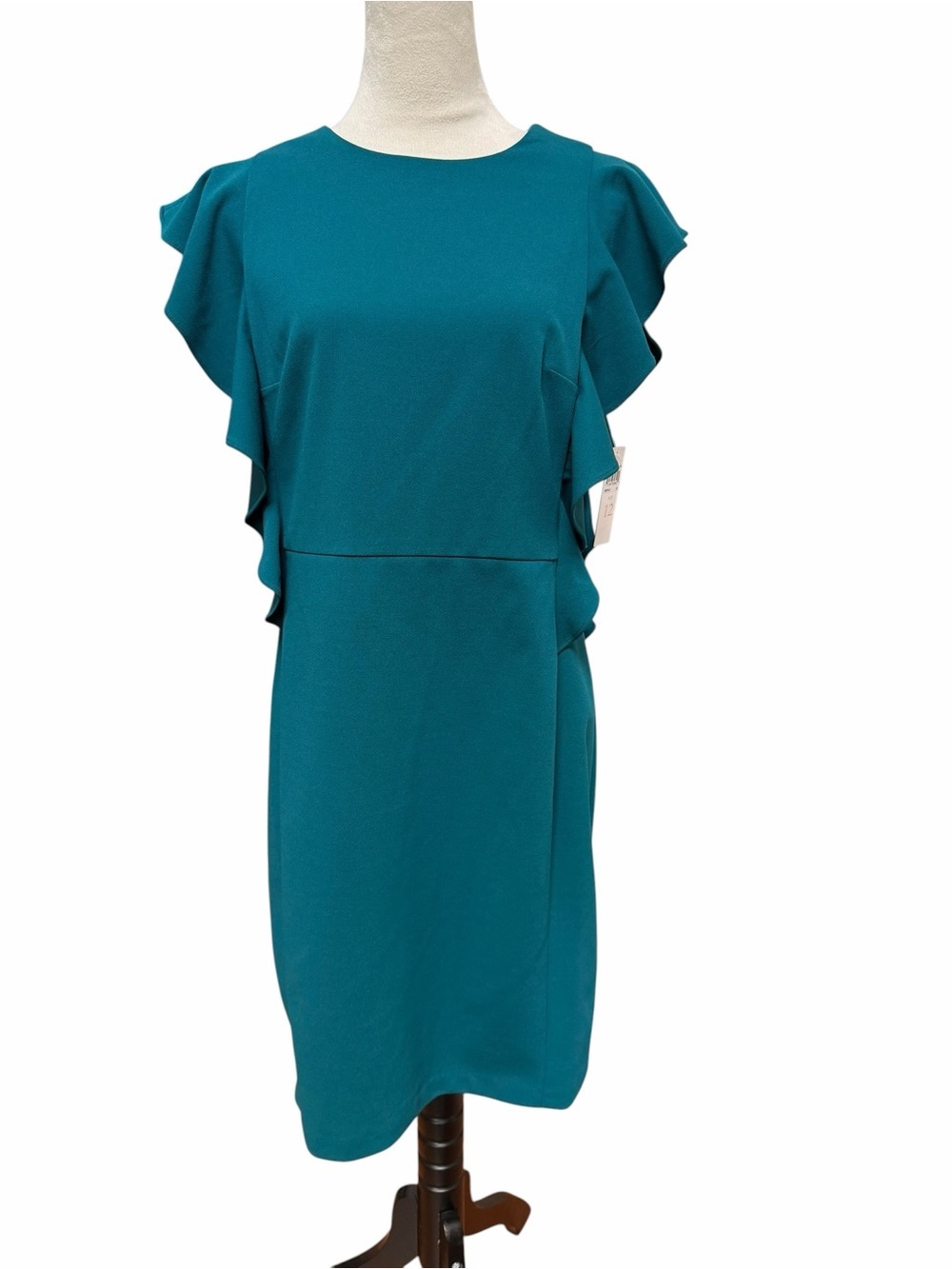Donna Morgan Women’s 12 Emerald Teal Ruffle Sleeve Sheath Dress NWT